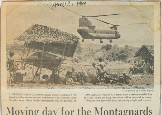 Newspaper clip with photo of a helicopter in the air